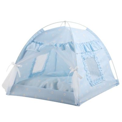 Niche pour chat Tente Coquette Bleu Ă Dentelle