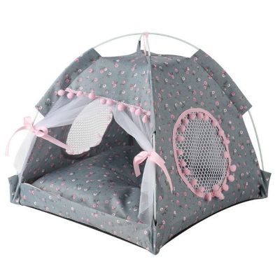 Niche pour chat Tente Coquette Grise Ă Pompon