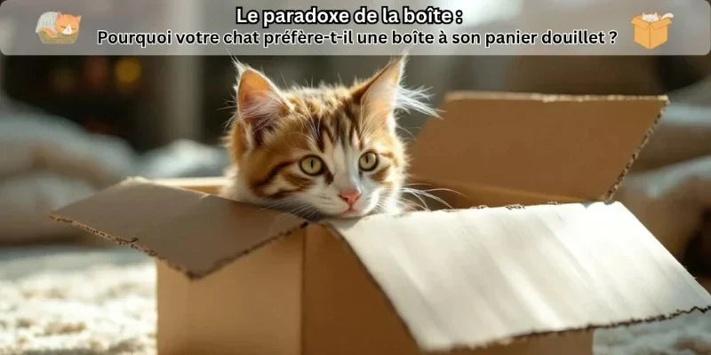 Chat roux confortablement installé dans une boîte en carton malgré la présence d'un panier confortable à proximité.