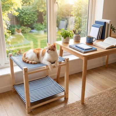 Hamac chat en bois 2 étages près d’une fenêtre offrant un espace confortable et apaisant pour observer et se reposer