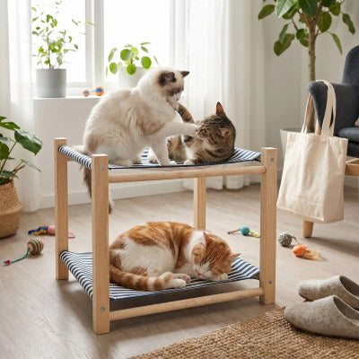 Hamac chat en bois 2 étages permettant à plusieurs chats de jouer, se reposer et cohabiter sereinement dans un espace partagé