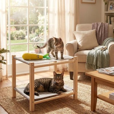 Hamac chat 2 étages en bois avec deux chats dans un salon, couchage sur deux niveaux pour repos, observation et confort quotidien