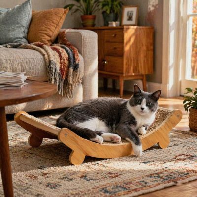 Hamac Chat Griffoir Apaisant intégré dans un salon chaleureux avec chat détendu dans son couchage