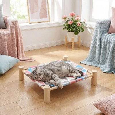 Hamac pour Chat BEDCAMP™ Confort Surélevé Respirant Été Protégeant Sol Froid Hiver