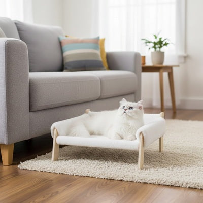 Lit pour Chat FLUFFY™ Canapé installé dans un salon moderne avec un chat confortablement allongé observant son environnement.