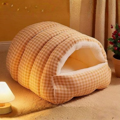 Lit pour chat Grotte Moelleuse orange abricot avec motif à carreaux blancs