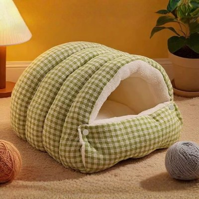 Lit pour chat Grotte Moelleuse vert pâle avec motif à carreaux blancs
