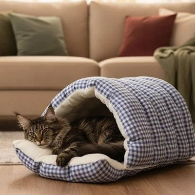 Chat Main Coon confortablement installé dans le lit pour chat Grotte Moelleuse, profitant d'un espace de repos apaisant tout en gardant un œil sur son environnement.