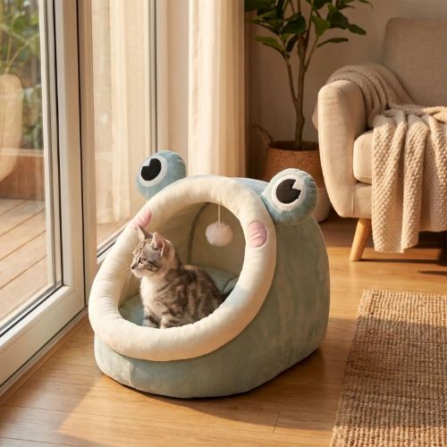 Un chaton installé dans la niche pour chat Confort PLAYZONE™ placée près d'une fenêtre lumineuse, observe calmement à l'extérieur.