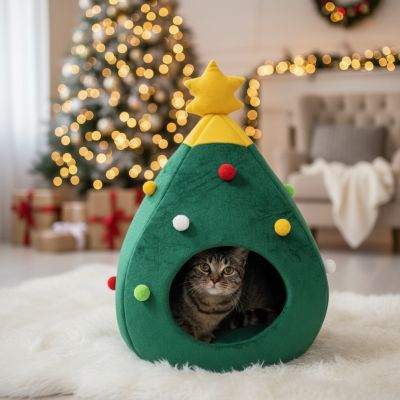 Niche chat CHRISTMASCAT™ Forme Sapin Décoré Refuge Ressourçant Quand Besoin Calme