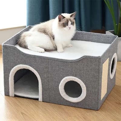 Niche pour chat Douceur Confort Multiple Entrée Griffoir Intégré Espace Surélevé