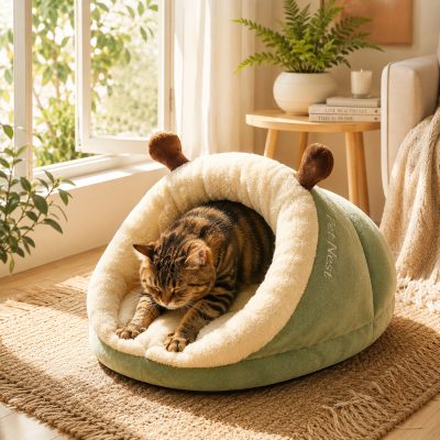 Panier chat Chenille Moelleuse utilisé par un chat dans un environnement calme et chaleureux