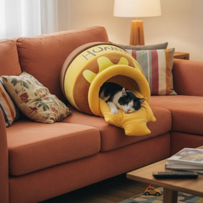 Panier pour chat Pot de Miel posé sur un canapé, un chat paisiblement endormi à l'intérieur, dans un décor chaleureux