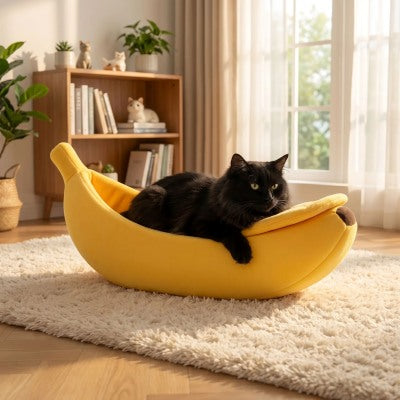Chat allongé confortablement dans le refuge Banane Douillette, relaxant près d’une fenêtre.