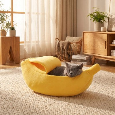 Chat profondément endormi dans le panier pour chat Banane Douillette profitant d’un espace de repos apaisant et sécurisant.
