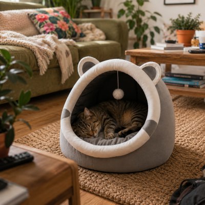 Chat profondément endormi sur le coussin moelleux dans le panier pour chat KOKKA™ 