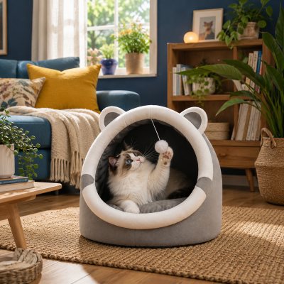 Chat Ragdoll profitant du panier pour chat KOKKA™ dans un salon chaleureux attiré par la boule jouet