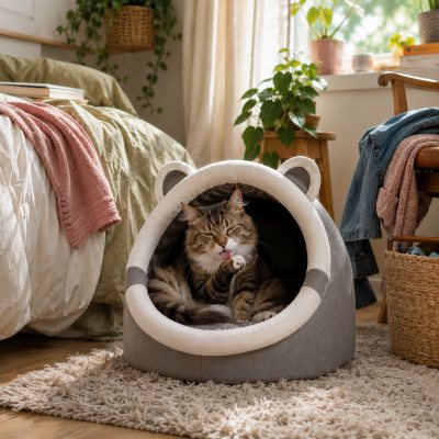 Chat faisant sa toilette confortablement installé dans le panier pour chat KOKKA™