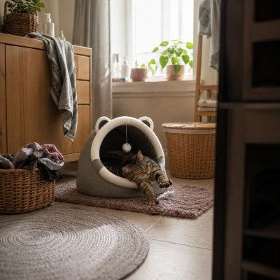 Chat s'étirant après une sieste paisible dans le panier pour chat KOKKA™ Cocon Ludique