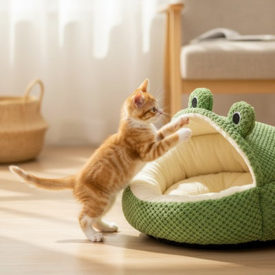 Panier pour chat FROGGYCAT™ Refuge Apaisant Design Grenouille Procurant Plaisir Sécurité